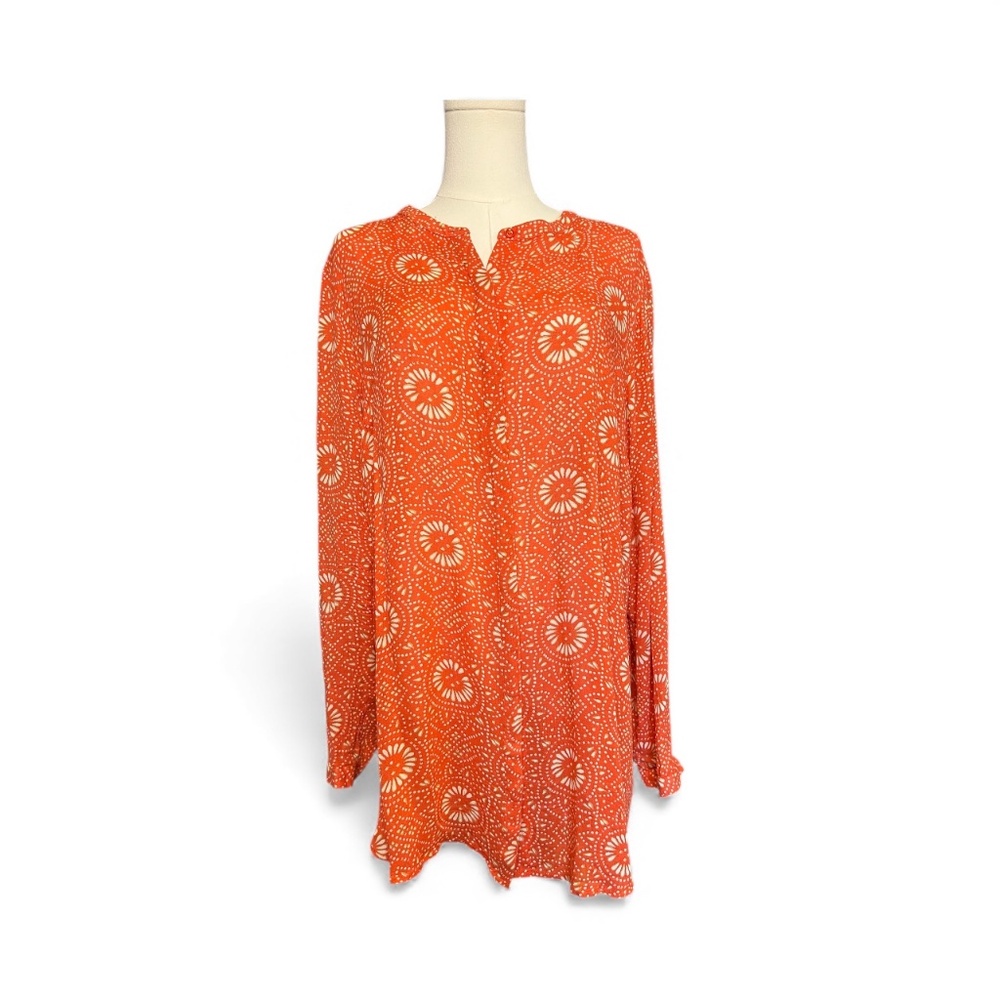 🧡 EUC LUCKY BRAND Orange Batik Dot Button-Down Blouse | Sz L
